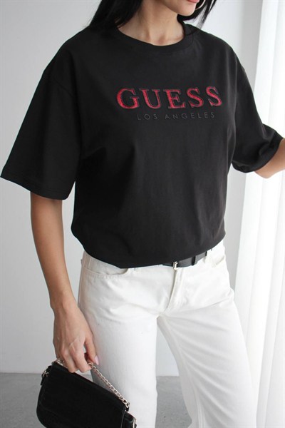 GESS Oversize Simli Yazı Detaylı T-Shirt - SİYAH