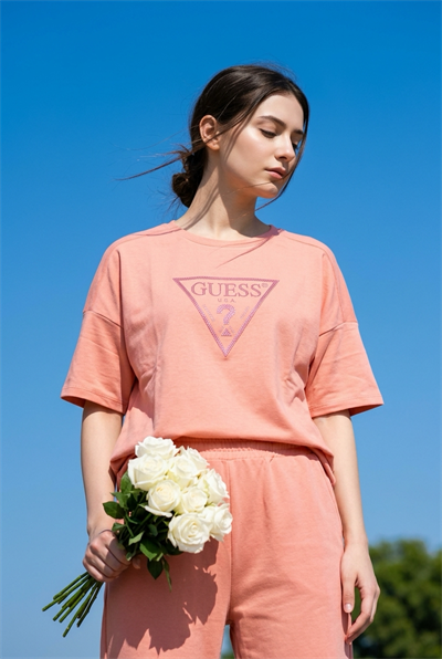 GESS Oversize Taşlı Logo Detaylı T-Shirt - PEMBE