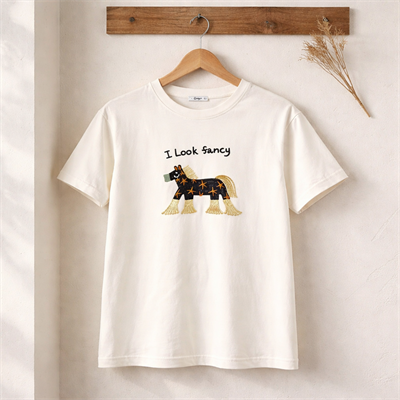 Oversize Basic T-Shirt AT Nakış Detaylı  - BEYAZ