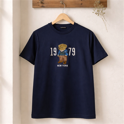Oversize Basic T-Shirt Ayıcık Nakışlı  - LACİVERT