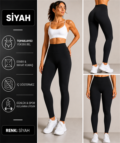 SİYAH Yüksek Bel Şardonsuz Kadın Tayt – Büyük Beden & Standart Beden