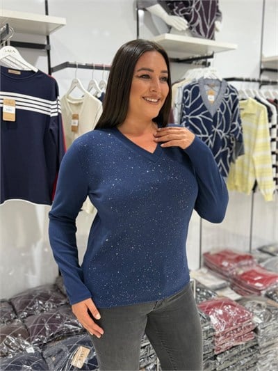 V Yakalı Taş Detaylı Bluz 