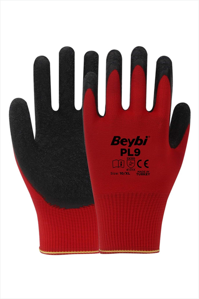 Beybi Pl9 Polyester Örme Lateks Eldiven Camcı Eldiveni Kaymaz 