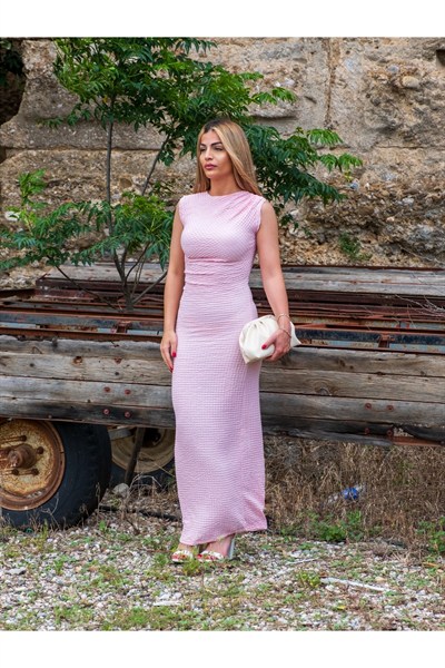 Yandan Büzgülü Sıfır Kol Pembe Elbise