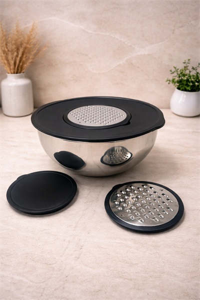 24 CM Paslanmaz Çelik Karıştırma Kabı 4.60 LT Kapaklı Çift Rende Aparatlı – Hazırla Sakla Set