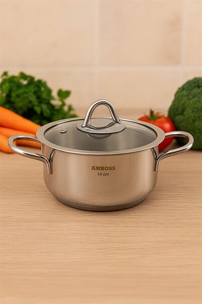 Amboss 14 cm Derin Tencere – 18/10 Paslanmaz Çelik, Parlak Yüzey