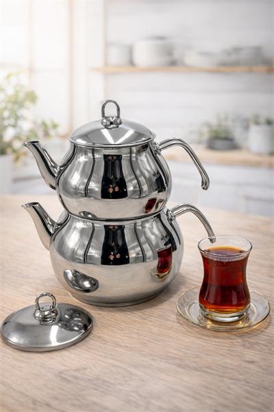 Anatolia Jumbo Boy Kendinden Süzgeçli Çaydanlık Takımı – Paslanmaz Çelik Jumbo Çaydanlık Seti, Büyük Hacimli Süzgeçli Demlikli