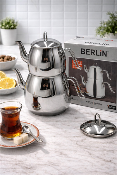 Berlin Nergis Serisi Jumbo Boy Paslanmaz Çelik Çaydanlık 3.30 LT Alt – 1.65 LT Üst Demlik – Büyük Hacimli Misafir Tipi