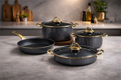 Bonera Elagance Serisi Titanyum Emaye 7 Parça Tencere Takımı – 18-24 CM Derin Tencere 26 CM Pilav Tenceresi & Tava