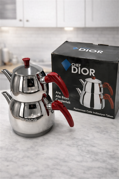 CHEFDIOR Aragon Aile Boy Çaydanlık 18/10 Kapsül İndüksiyon Tabanlı – Büyük Hacimli Çelik Çaydanlık Seti, Misafir Tipi Demlikli