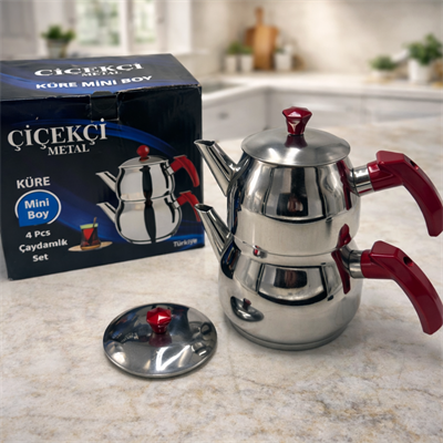 Çiçekci Mini Boy Çelik Çaydanlık Takımı 0.75 + 1.35 LT Kendinden Süzgeçli Küre Model Çift Kapaklı