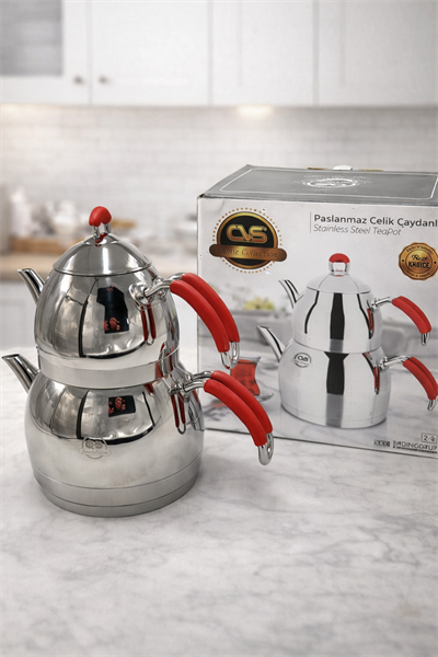 CS Paslanmaz Çelik Aile Boy Çaydanlık 18/10 Kapsül Tabanlı – Alt 2.25 LT Üst 1 LT Demlik, Aile Boy Büyük Hacimli Çelik Çaydanlık Seti