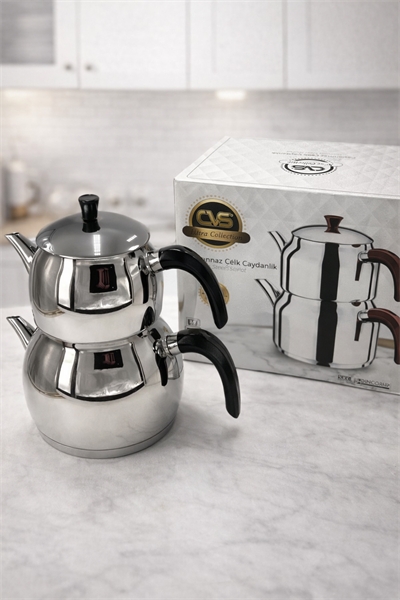 CS Paslanmaz Çelik Mega Boy Çaydanlık dn12043 18/10 Kapsül Tabanlı – Alt 3.25 LT Üst 2 LT Demlik, Mega Hacimli Büyük Çaydanlık Seti