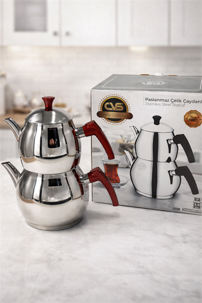 CS Paslanmaz Çelik Orta Boy Çaydanlık 18/10 Kapsül Tabanlı12020 – Alt 2 LT Üst 1 LT Demlikli Set, OrtaBoy Dayanıklı Çaydanlık