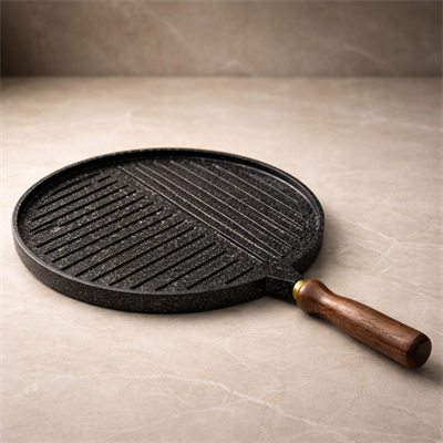 Döküm Granit Çift Taraflı Gözleme Tavası 36 cm Fırına Girebilir Çıkarılabilir Saplı