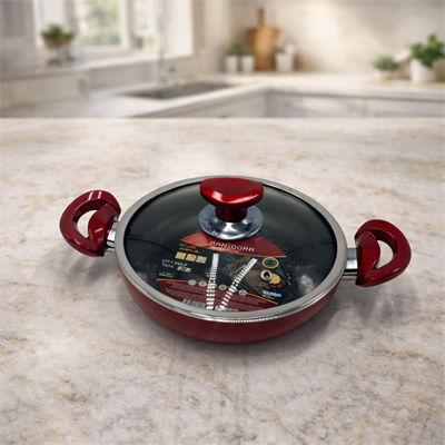 Evinda 18 CM Sahan Petekli Taban Yapışmaz Cam Kapaklı Kırmızı Tava