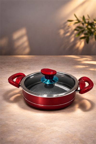 Evinda Pan-Dora 20 CM Kırmızı Petekli Yapışmaz Basık Teflon Tencere – Teflon Tabanlı Yanmaz Tencere