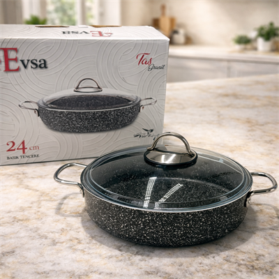 Evsa Taş Granit 24 CM Basık Döküm Pilav Tenceresi Yanmaz Yapışmaz Granit Kaplama