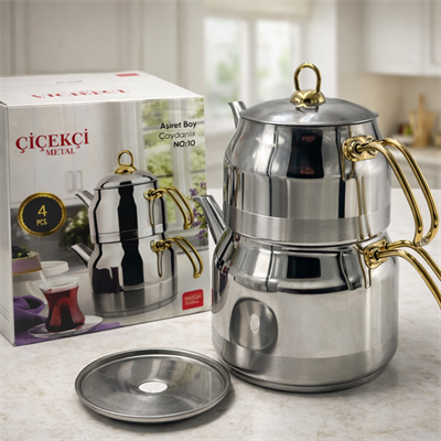 Gold Mega Aşiret Boy Çelik Çaydanlık Takımı 2.5 + 4.5 LT Çift Kapaklı İndüksiyon Tabanlı DEV Boy