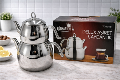 Hünkardem Deluxe Aşiret Boy Çaydanlık – 4 LT Alt Çaydanlık & 2 LT Üst Demlik – Aşiret Boy Büyük Hacimli Çelik Çaydanlık Seti