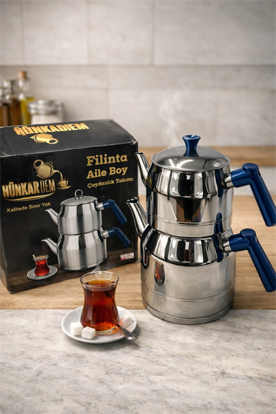 Hünkardem Filinta Serisi 18/10 Aile Boy Paslanmaz Çelik Çaydanlık Takımı Çift Kapaklı