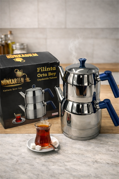Hünkardem Filinta Serisi 18/10 Orta Boy Paslanmaz Çelik Çaydanlık Takımı Çift Kapaklı