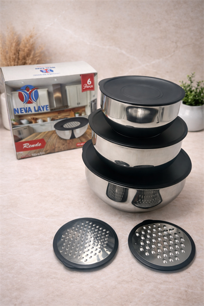 Neva Serisi 9 Parça Paslanmaz Çelik Karıştırma Kabı Seti 16-20-24 CM Kapaklı Çift Rende Aparatlı Saklama Seti