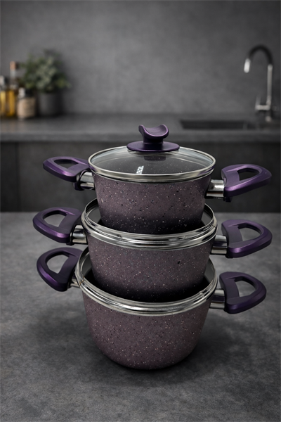 Palmiyra Prestij Eko 6 Parça Granit Tencere Seti 14-16-18 CM Cam Kapaklı – Yanmaz Yapışmaz Tencere Takımı