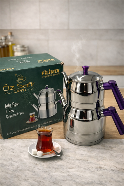 SafirDem Filinta Serisi 18/10 Aile Boy Paslanmaz Çelik Çaydanlık Takımı Çift Kapaklı