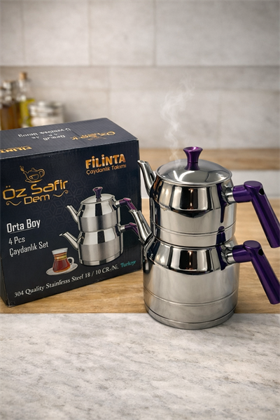 SafirDem Filinta Serisi 18/10 Orta Boy Paslanmaz Çelik Çaydanlık Takımı