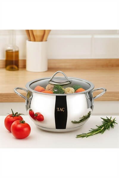 Taç Stell 20 cm Derin Tencere – 3 Litre, 18/10 304 Paslanmaz Çelik, Parlak Yüzey