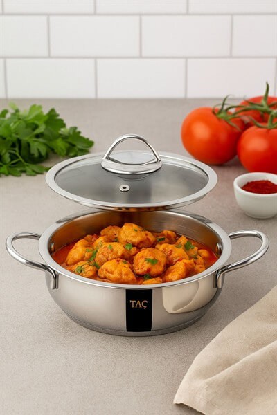 Taç Stell 24 cm Basık Tencere – 3,4 Litre, 18/10 304 Paslanmaz Çelik, Parlak Yüzey