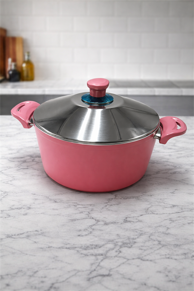 ÜZM 28 CM Döküm Derin Tencere 6 LT Metal Kapaklı 4MM Kalınlık Pembe