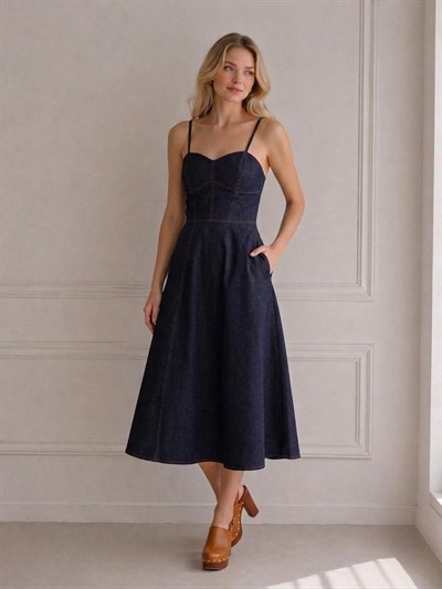 Ayarlanabilir Askılı Premium Jean Midi Elbise