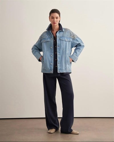 Taş Detaylı Oversize Jean Ceket – Premium Denim Tasarım