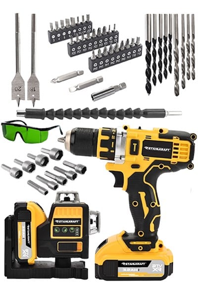 STAHLKRAFT STH 8853 Çift Akülü 12 Köşe 360° Otomatik Hizalamalı Lazer + Çelik Madren matkap Yeşil Çizgili