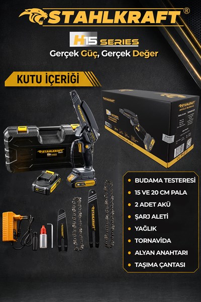 Stahlkraft H15 3510  21V Akülü Otomatik Yağlamalı Budama Testeresi 15cm Palave Zincir 20 cm Pala ve Zincir Hediye