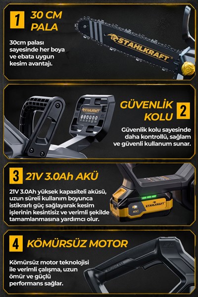 STAHLKRAFT H15 3825 Kömürsüz Motor 21v 3Ah 30 cm (12) Akülü Testere