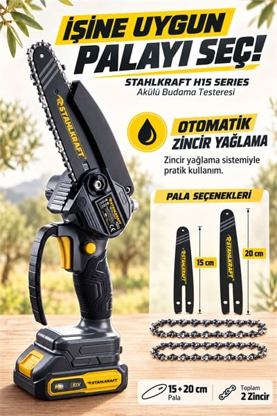 STAHLKRAFT H15 4010 + STH 1010 3lü Akülü Bahçe Seti Budama Testeresi , Budama Makası , Teleskopik Uzatma