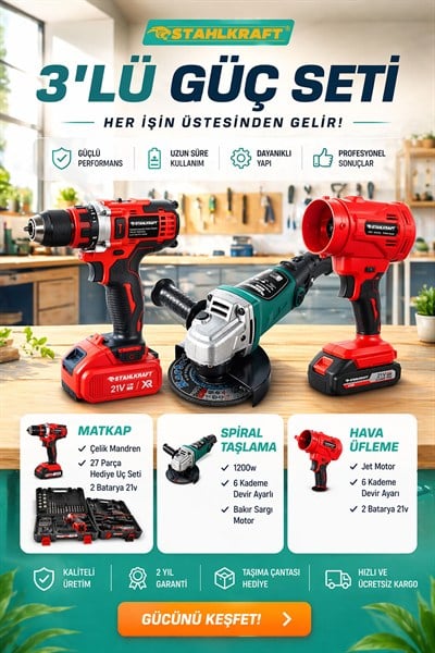 STAHLKRAFT PZTF 12900 3'Lü Set Akülü Matkap , Spiral Taşlama, Hava Üfleme 