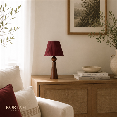 Bordo Keten Kumaş Başlıklı Ahşap Abajur