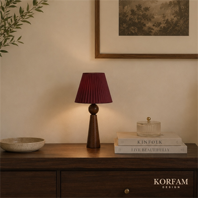 Bordo Keten Kumaş Başlıklı Ahşap Abajur