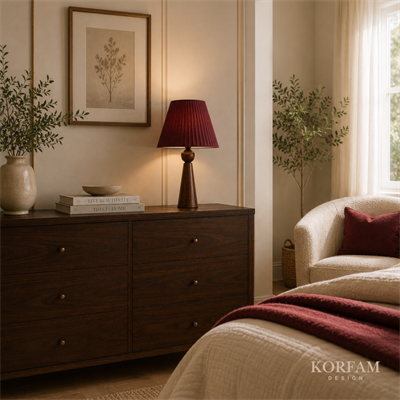 Bordo Keten Kumaş Başlıklı Ahşap Abajur