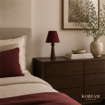 Bordo Keten Kumaş Başlıklı Ahşap Abajur