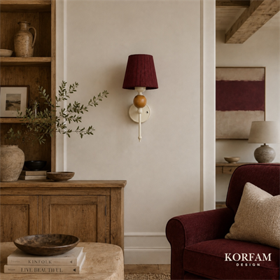 Kablosuz Pilli Aplik Bordo Keten Şerit Kumaş Başlık Ahşap Top Detaylı Aplik