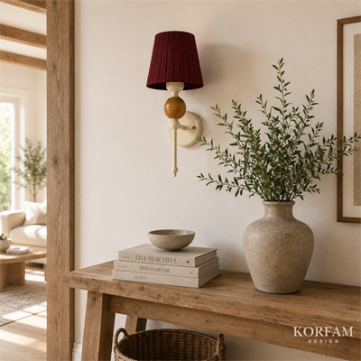 Kablosuz Pilli Aplik Bordo Keten Şerit Kumaş Başlık Ahşap Top Detaylı Aplik