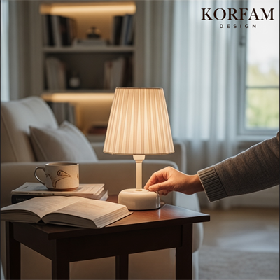 Beyaz Keten Kumaş Masa & Gece Lambası