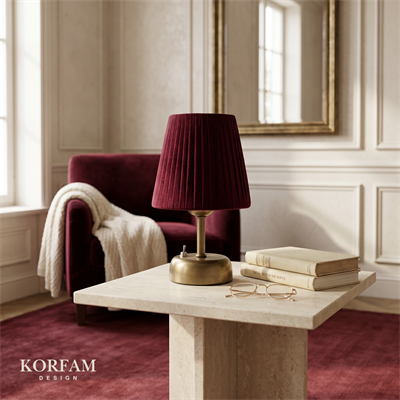 Bordo Keten Kumaş Pilli Masa & Gece Lambası