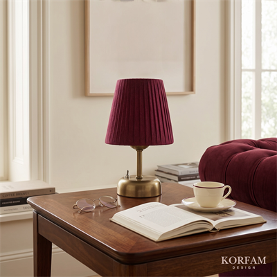 Bordo Keten Kumaş Pilli Masa & Gece Lambası