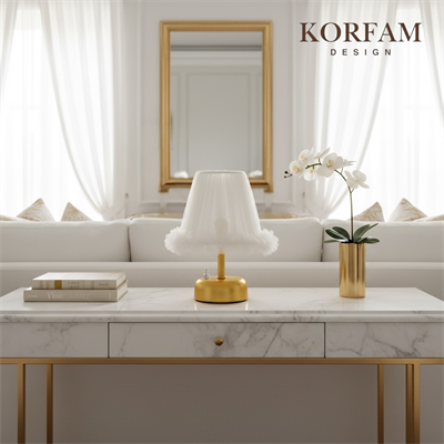 Lumi Modeli - Beyaz Tül Kumaş Fırfırlı Detaylı Pilli Masa & Gece Lambası